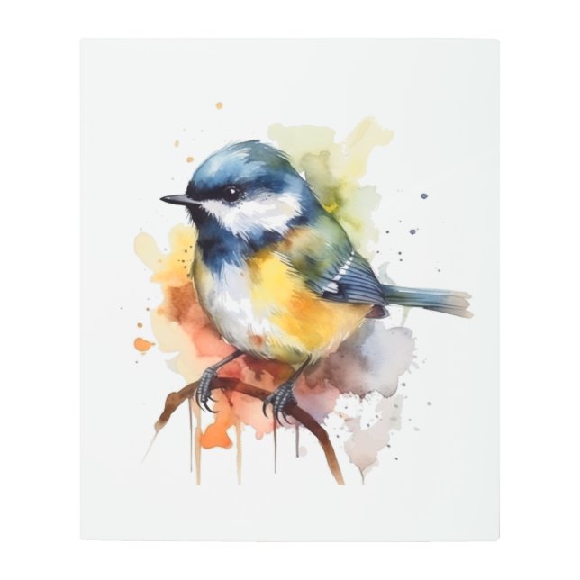 Cute Bluetit Sitting on a Branch Watercolor Metal Print (Front)