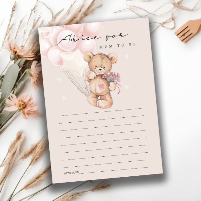 Cute Blush Bear Balloon Advice For Mum Baby Shower Enclosure Card (Creator Uploaded)