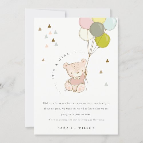 Cute Blush Bear Balloon Baby Announcement Card
