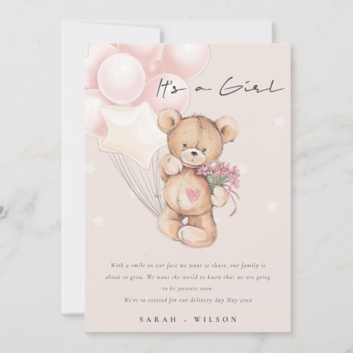 Cute Blush Bear Balloon Baby Announcement Card 