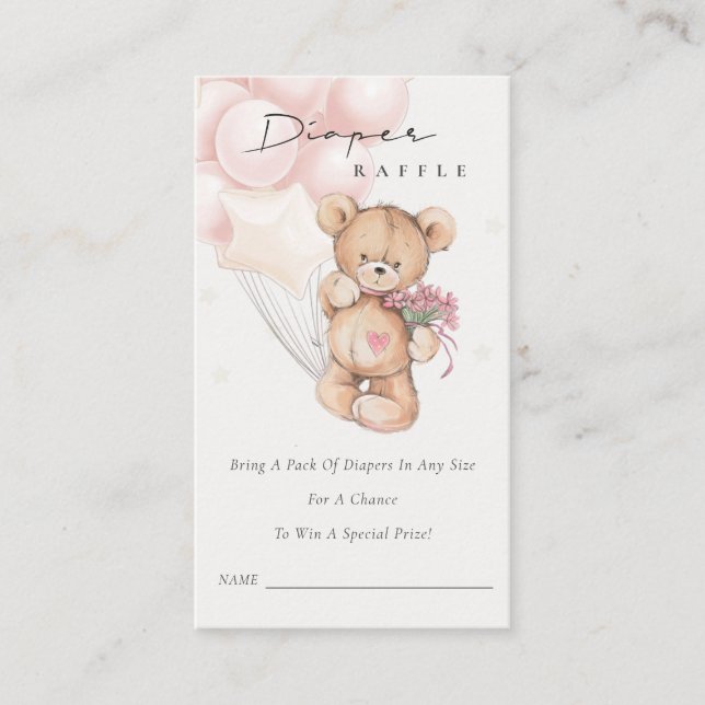 Cute Blush Bear Balloon Diaper Raffle Baby Shower Enclosure Card (Front)