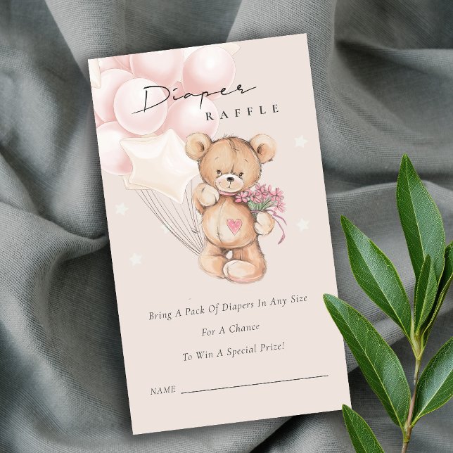 Cute Blush Bear Balloon Diaper Raffle Baby Shower Enclosure Card (Creator Uploaded)