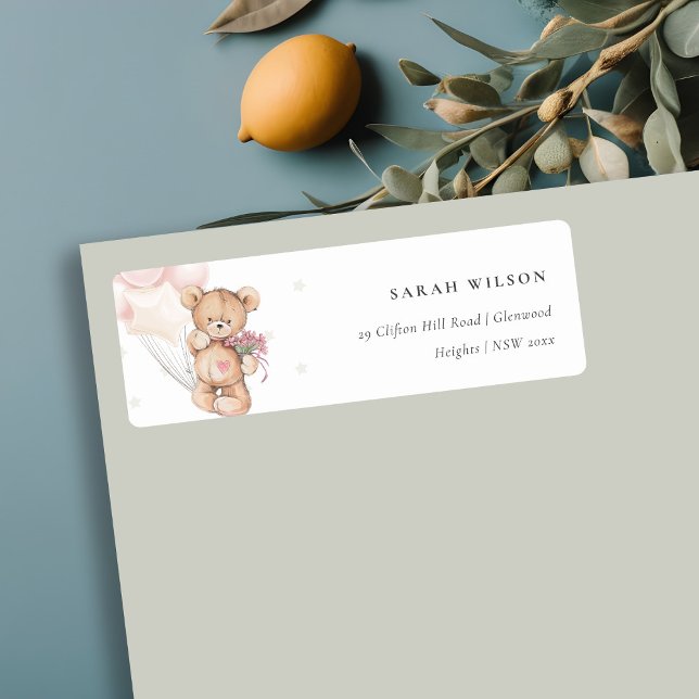 Cute Blush Bear Balloon Floral Bunch Heart Address Label (Creator Uploaded)