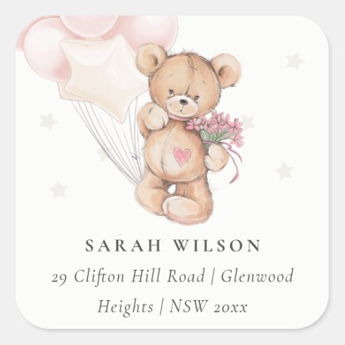 Cute Blush Bear Balloon Floral Bunch Heart Address Square Sticker