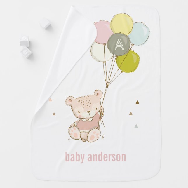 Cute Blush Bear Balloon Girly Monogram Baby Kids Baby Blanket (In Situ)