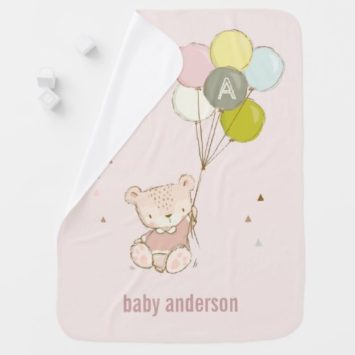 Cute Blush Bear Balloon Girly Monogram Baby Kids Baby Blanket