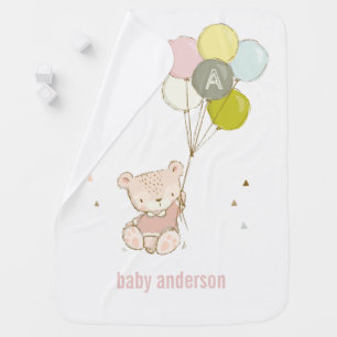 Cute Blush Bear Balloon Girly Monogram Baby Kids Blanket