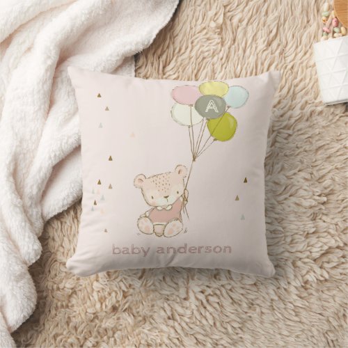 Cute Blush Bear Balloon Girly Monogram Baby Kids Throw Pillow