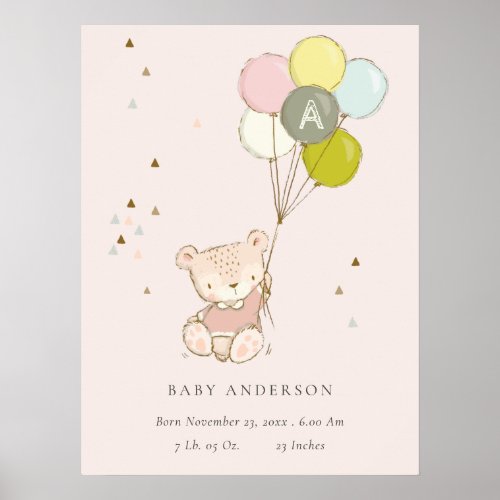 Cute Blush Bear Balloon Girly Monogram Baby Poster