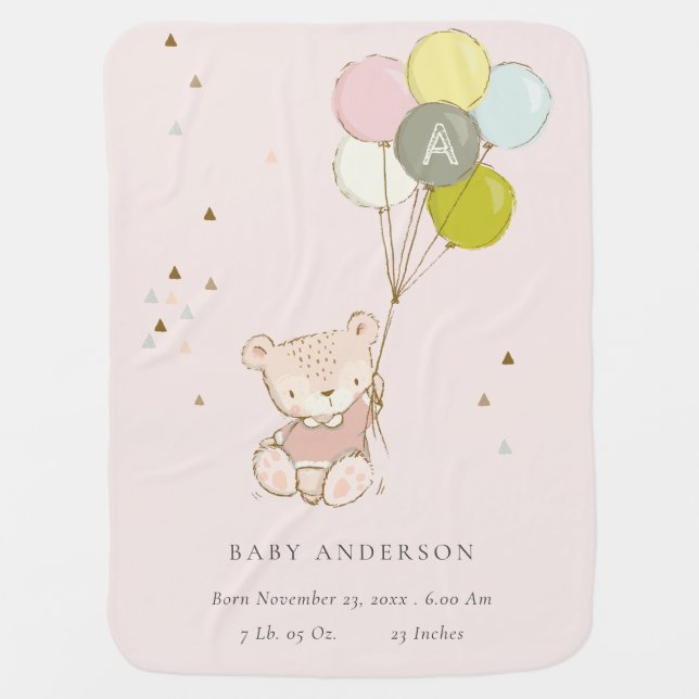 Cute Blush Bear Balloon Girly Monogram Baby Stat Blanket (Front)