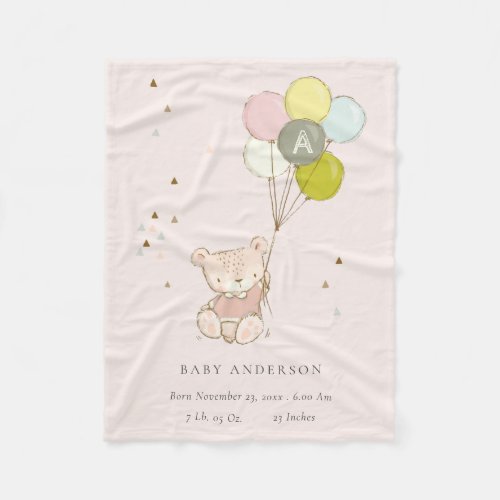 Cute Blush Bear Balloon Girly Monogram Baby Stat Fleece Blanket