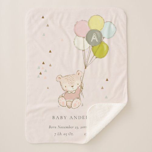 Cute Blush Bear Balloon Girly Monogram Baby Stat Sherpa Blanket
