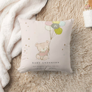 Cute Blush Bear Balloon Girly Monogram Baby Stat Throw Pillow