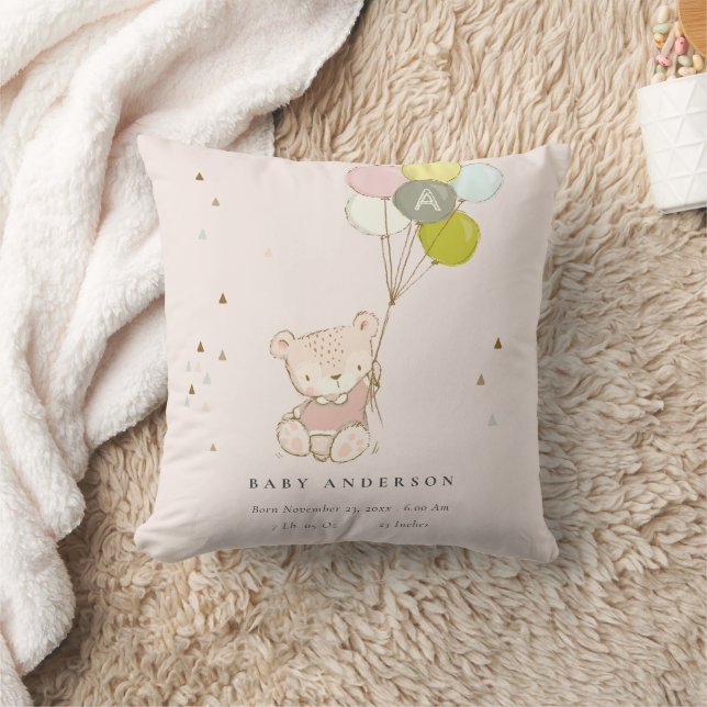 Cute Blush Bear Balloon Girly Monogram Baby Stat Throw Pillow (Blanket)