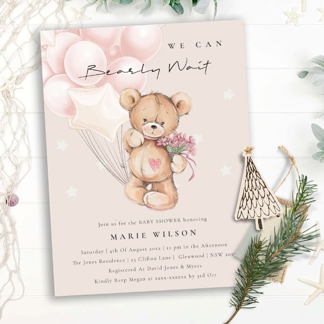 Cute Blush Bear Bearly Wait Balloon Baby Shower Postcard (Creator Uploaded)