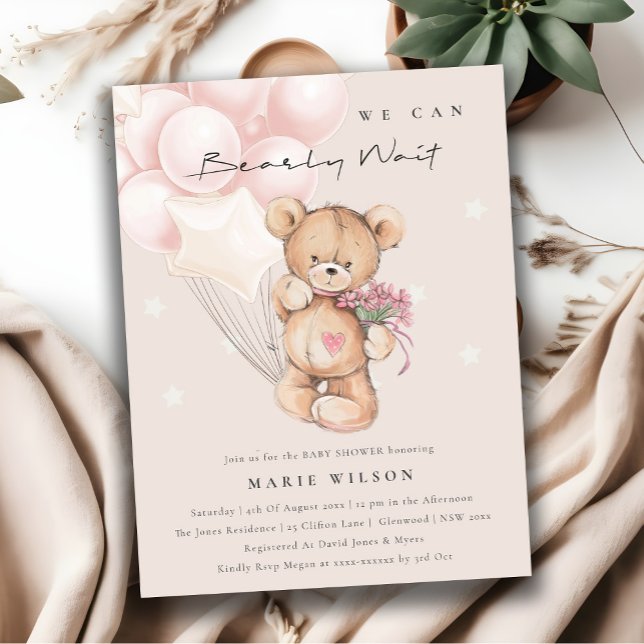 Cute Blush Bear Bearly Wait Balloon Baby Shower Postcard (Creator Uploaded)