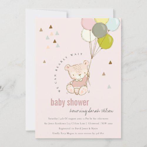 Cute Blush Bearly Wait Balloon Baby Shower Invite