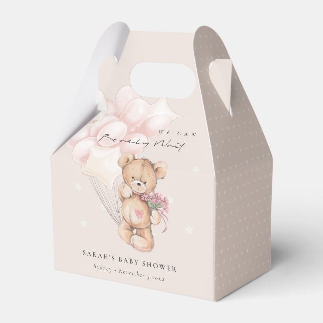 Cute Blush Bearly Wait Bear Balloon Baby Shower Favor Boxes (Front Side)