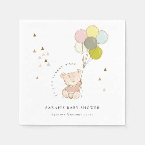 Cute Blush Bearly Wait Bear Balloon Baby Shower Napkins