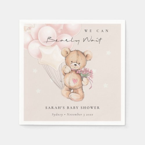 Cute Blush Bearly Wait Bear Balloon Baby Shower Napkins