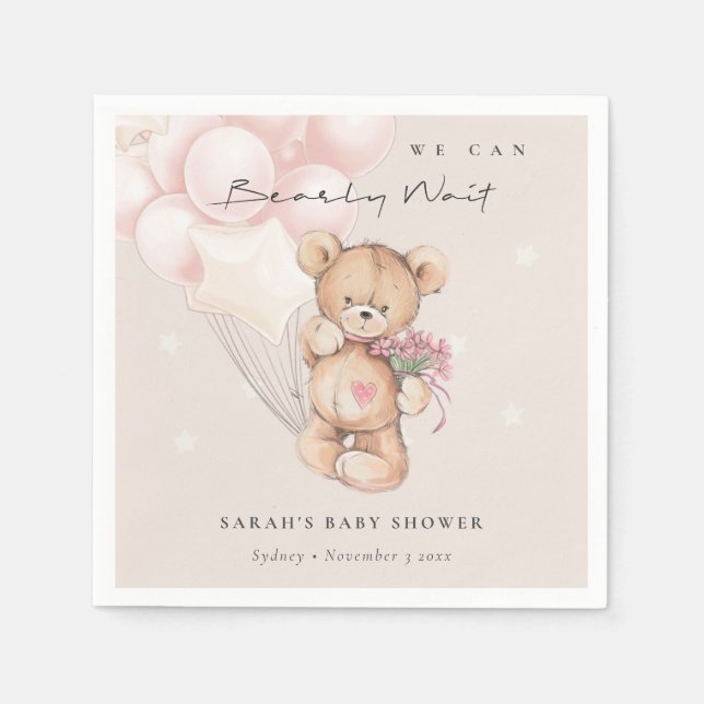 Cute Blush Bearly Wait Bear Balloon Baby Shower Napkins (Front)