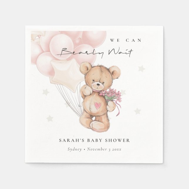 Cute Blush Bearly Wait Bear Balloon Baby Shower Napkins (Front)