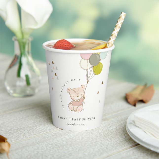 Cute Blush Bearly Wait Bear Balloon Baby Shower Paper Cups (Insitu)