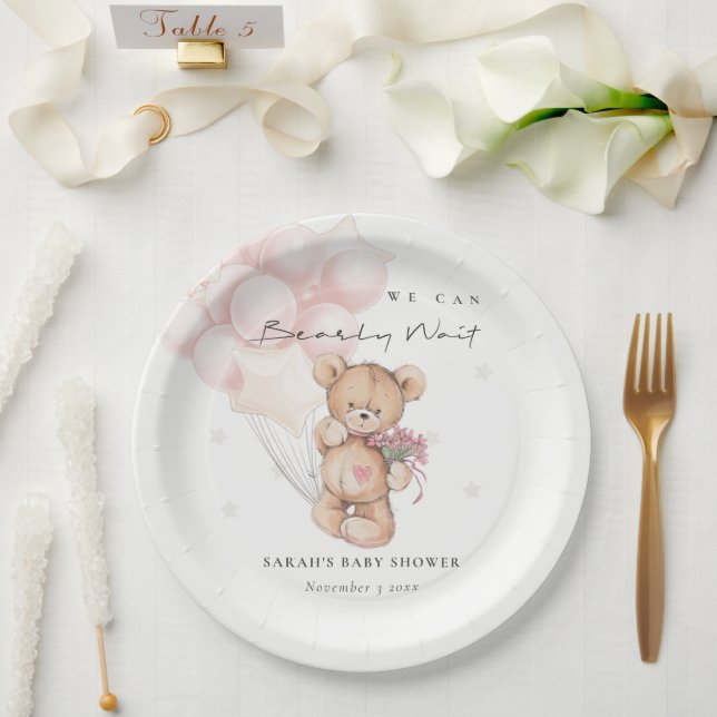 Cute Blush Bearly Wait Bear Balloon Baby Shower Paper Plates (Wedding)