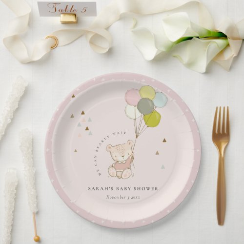 Cute Blush Bearly Wait Bear Balloon Baby Shower Paper Plates