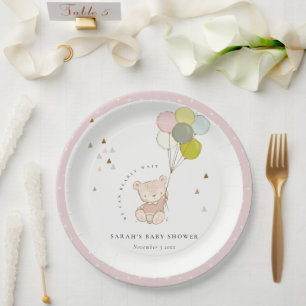 Cute Blush Bearly Wait Bear Balloon Baby Shower Paper Plates