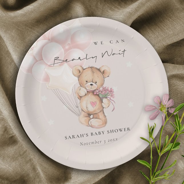 Cute Blush Bearly Wait Bear Balloon Baby Shower Paper Plates (Creator Uploaded)