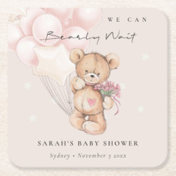 Cute Blush Bearly Wait Bear Balloon Baby Shower Square Paper Coaster