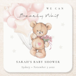 Cute Blush Bearly Wait Bear Balloon Baby Shower Square Paper Coaster