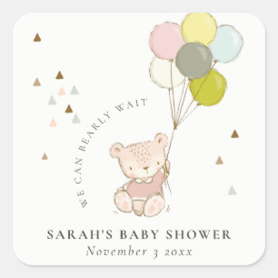 Cute Blush Bearly Wait Bear Balloon Baby Shower Square Sticker