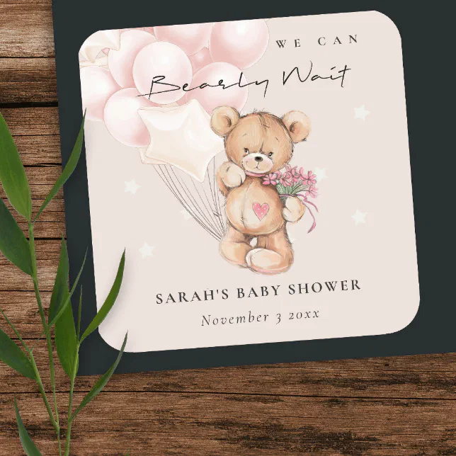 Cute Blush Bearly Wait Bear Balloon Baby Shower Square Sticker | Zazzle