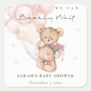 Cute Blush Bearly Wait Bear Balloon Baby Shower Square Sticker