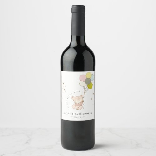 Cute Blush Bearly Wait Bear Balloon Baby Shower Wine Label