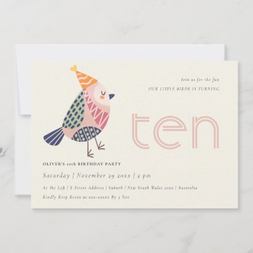 Cute Blush Birdie Any Age 10th Birthday Invite