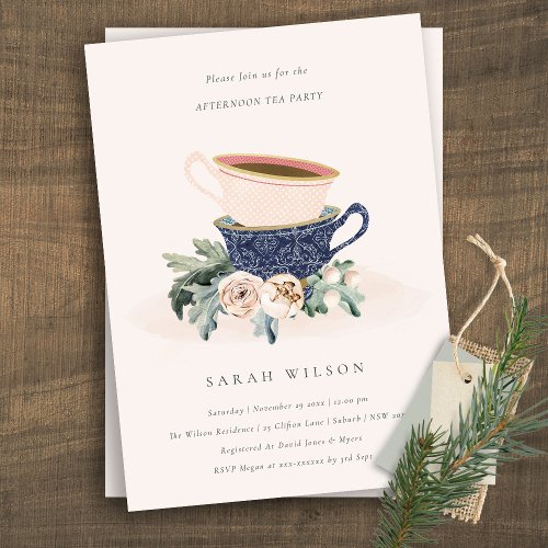Cute Blush Blue Floral Afternoon Tea Party Invite