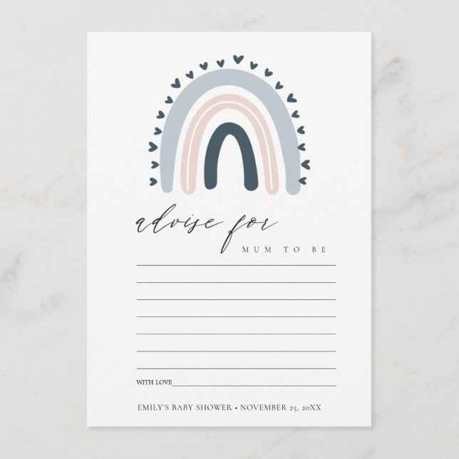 CUTE BLUSH BLUE HEART RAINBOW ADVICE BABY SHOWER ENCLOSURE CARD (Front)
