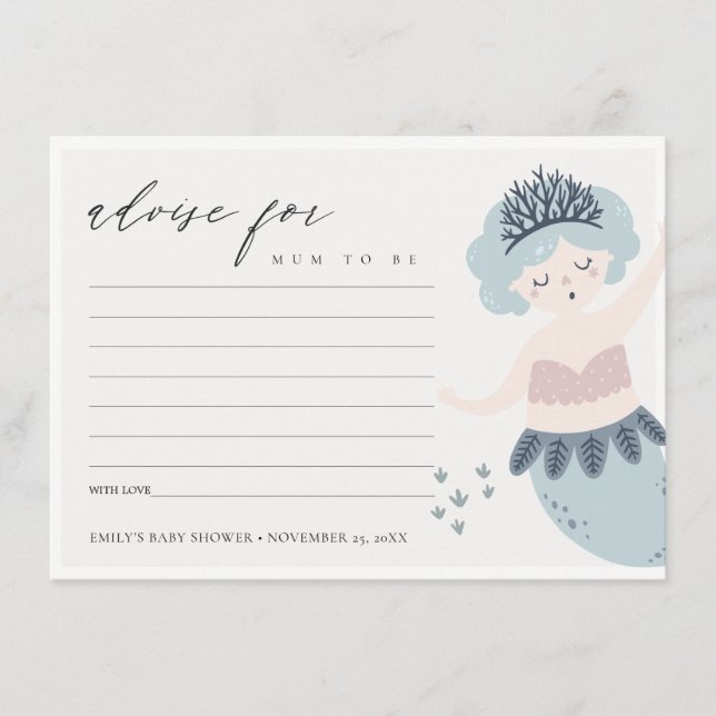 CUTE BLUSH BLUE LITTLE MERMAID ADVICE BABY SHOWER ENCLOSURE CARD (Front)