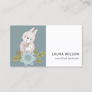 CUTE BLUSH BLUE SCANDI FLORAL BEAR BABY MIDWIFE BUSINESS CARD
