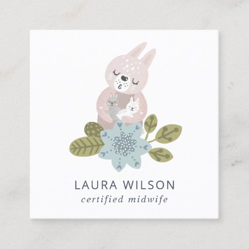 CUTE BLUSH BLUE SCANDI FLORAL BEAR BABY MIDWIFE SQUARE BUSINESS CARD