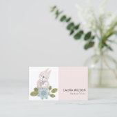 CUTE BLUSH BLUE SCANDI FLORAL BEAR HUG BABY NANNY BUSINESS CARD (Standing Front)