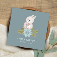 CUTE BLUSH BLUE SCANDI FLORAL BEAR HUG BABY NANNY SQUARE BUSINESS CARD