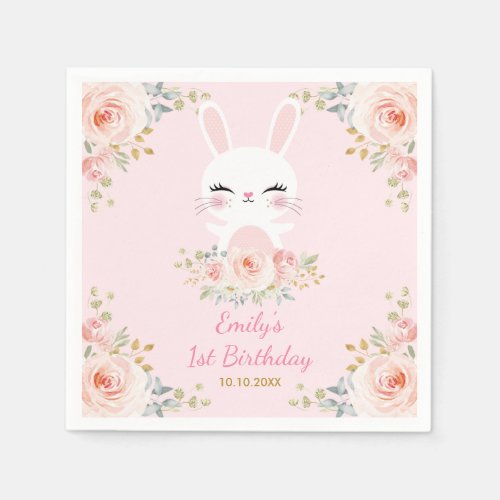 Cute Blush Bunny Rabbit Floral Birthday Party Napkins