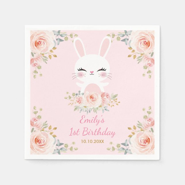 Cute Blush Bunny Rabbit Floral Birthday Party Napkins (Front)