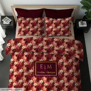 Cute Blush Burgundy Gold Floral Watercolor Duvet Cover