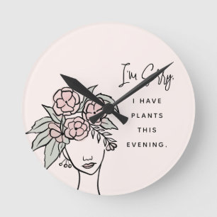 Cute Blush Busy with My Plants Floral Portrait Round Clock