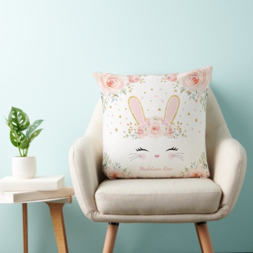 Cute Blush Floral Bunny Rabbit Baby Girl Nursery Throw Pillow | Zazzle